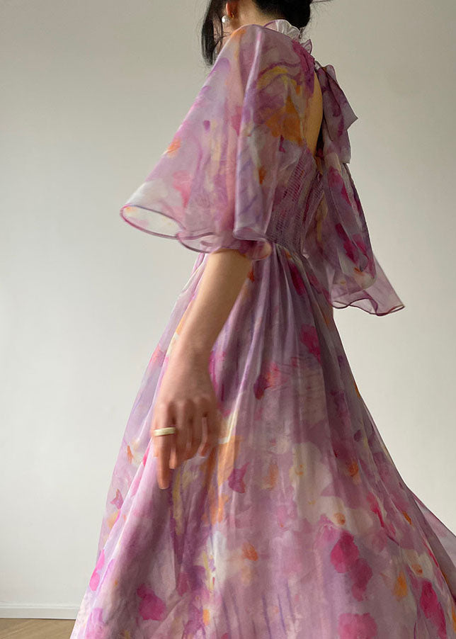 Purple Ruffled Print Cinched Chiffon Vacation Dress Summer