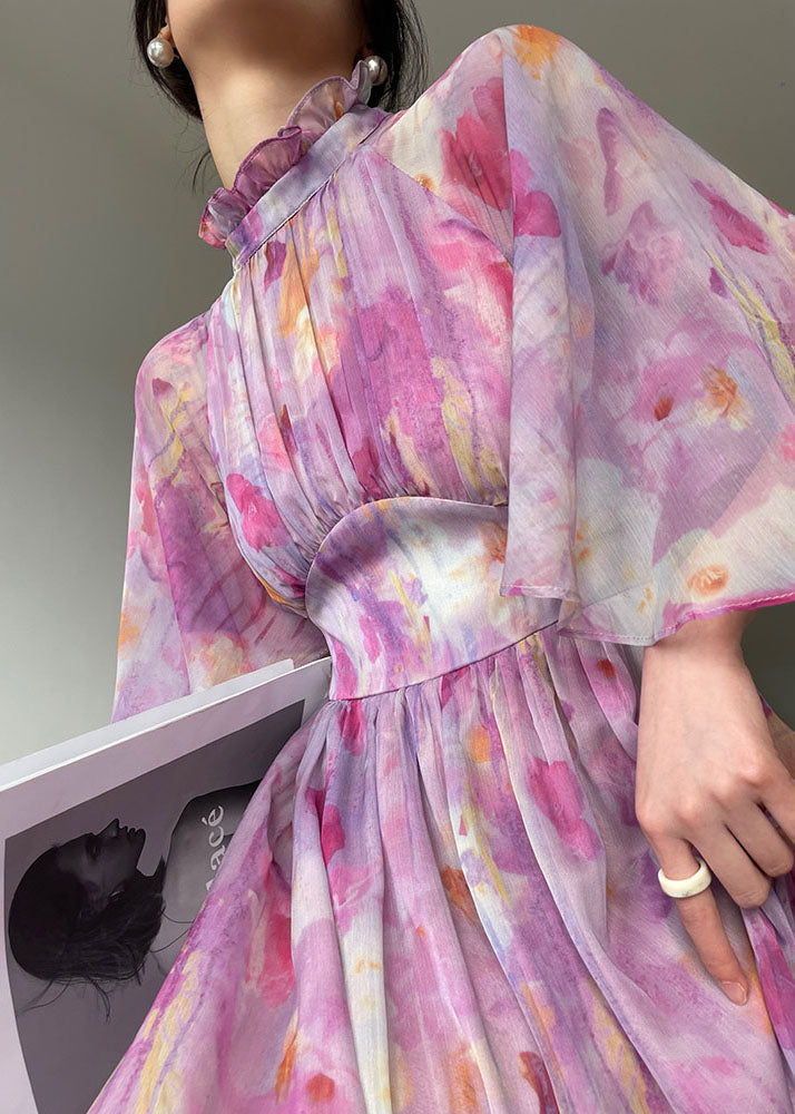 Purple Ruffled Print Cinched Chiffon Vacation Dress Summer