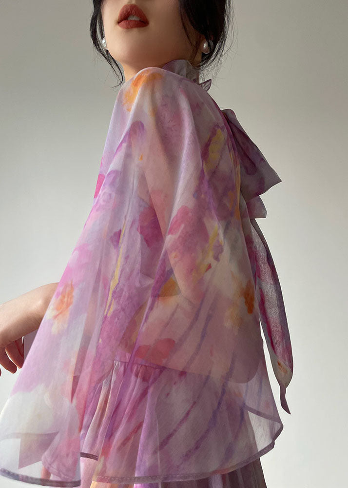 Purple Ruffled Print Cinched Chiffon Vacation Dress Summer