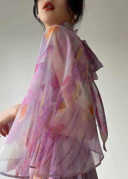 Purple Ruffled Print Cinched Chiffon Vacation Dress Summer