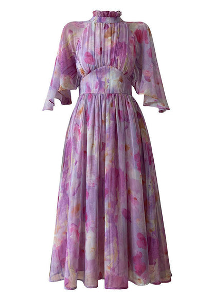 Purple Ruffled Print Cinched Chiffon Vacation Dress Summer