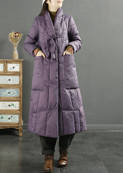 Purple Stand Collarembroidered Tassel Pockets Duck Down Down Coat Long Sleeve