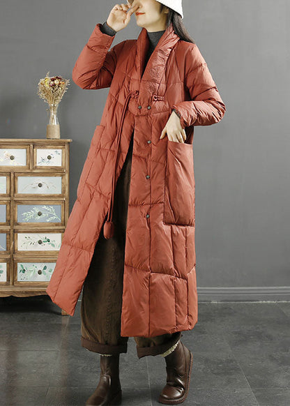 Purple Stand Collarembroidered Tassel Pockets Duck Down Down Coat Long Sleeve
