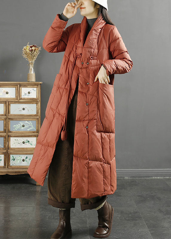Purple Stand Collarembroidered Tassel Pockets Duck Down Down Coat Long Sleeve