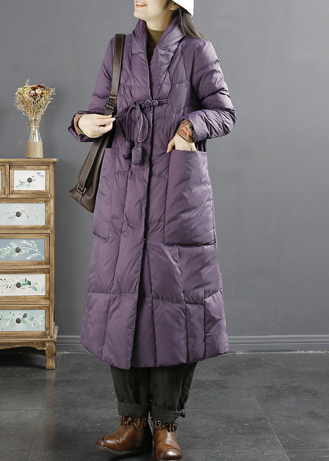 Purple Stand Collarembroidered Tassel Pockets Duck Down Down Coat Long Sleeve