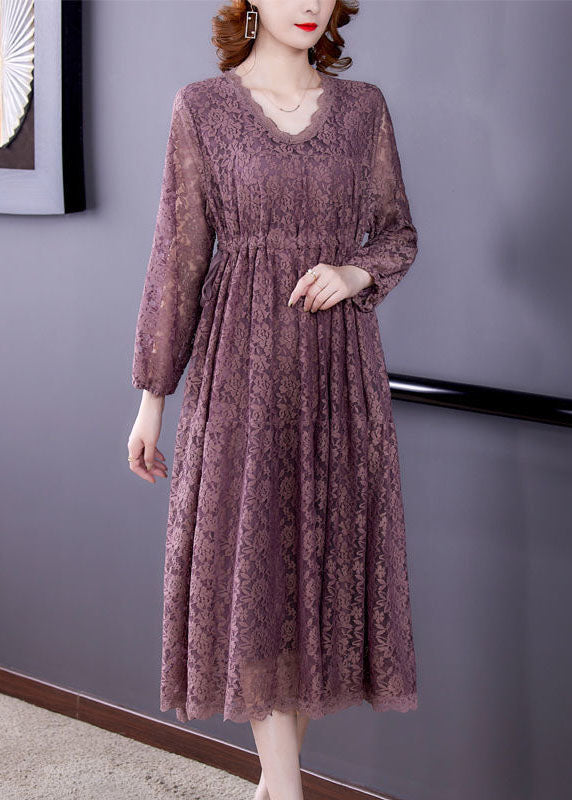 Purple V Neck Cinched Lace Holiday Dress Spring