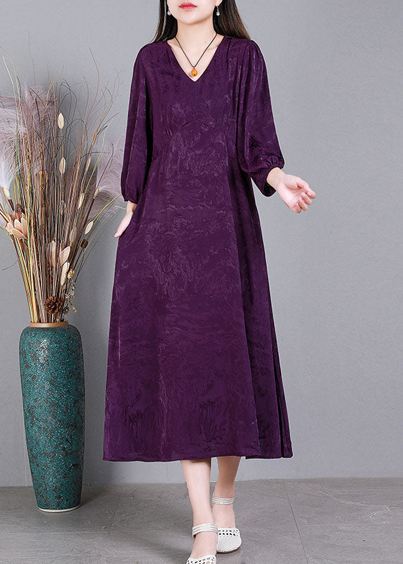 Purple V Neck Jacquard Patchwork Wrinkled Silk Dresses Bracelet Sleeve