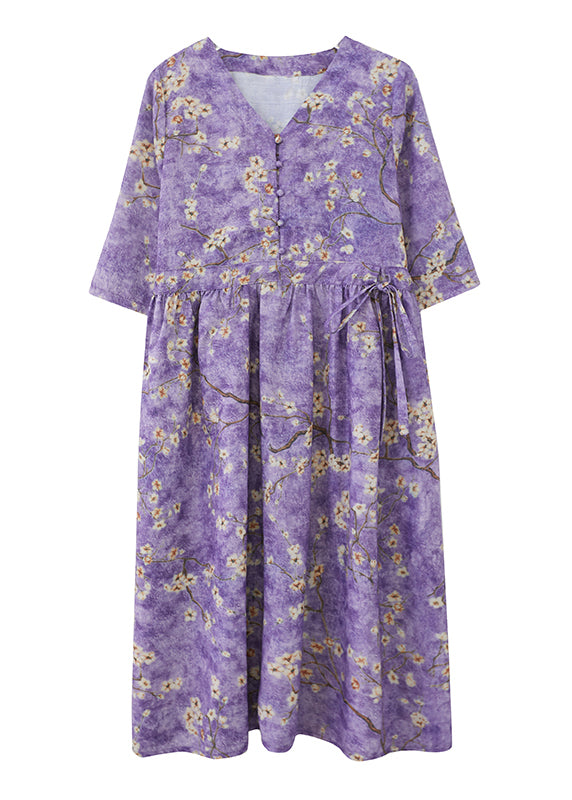 Purple V Neck Drawstring Print Long Dresses Half Sleeve