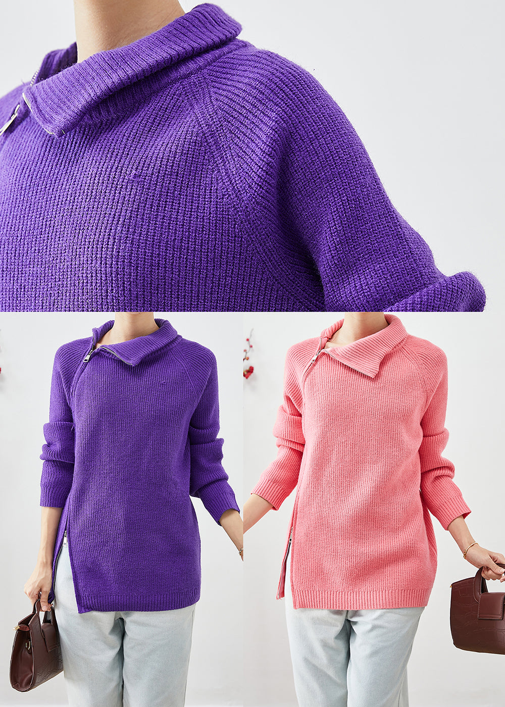 Purple Zip Up Thick Knit Short Sweater Winter