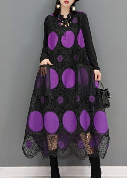 Purple Pockets Dot Print Patchwork Lace Maxi Dress Spring