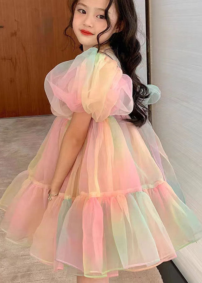 Rainbow Gradient Ruffled Patchwork Tulle Kids Dress Puff Sleeve