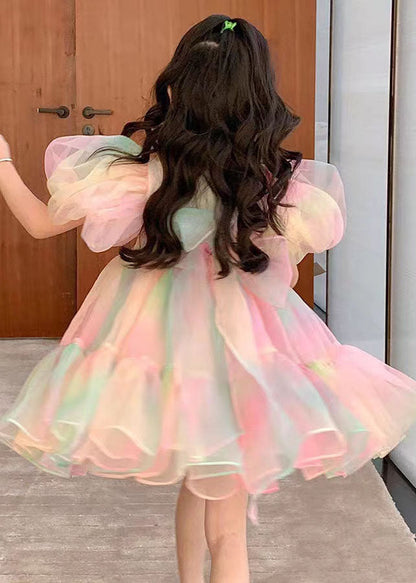 Rainbow Gradient Ruffled Patchwork Tulle Kids Dress Puff Sleeve