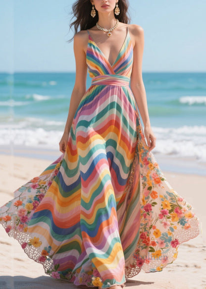 Rainbow Patchwork Exra Large Hem Chiffon Mini Dress Summer