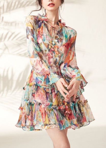 Rainbow Print Ruffled Lace Tie Mid Dresses Spring