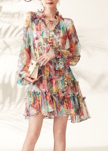 Rainbow Print Ruffled Lace Tie Mid Dresses Spring