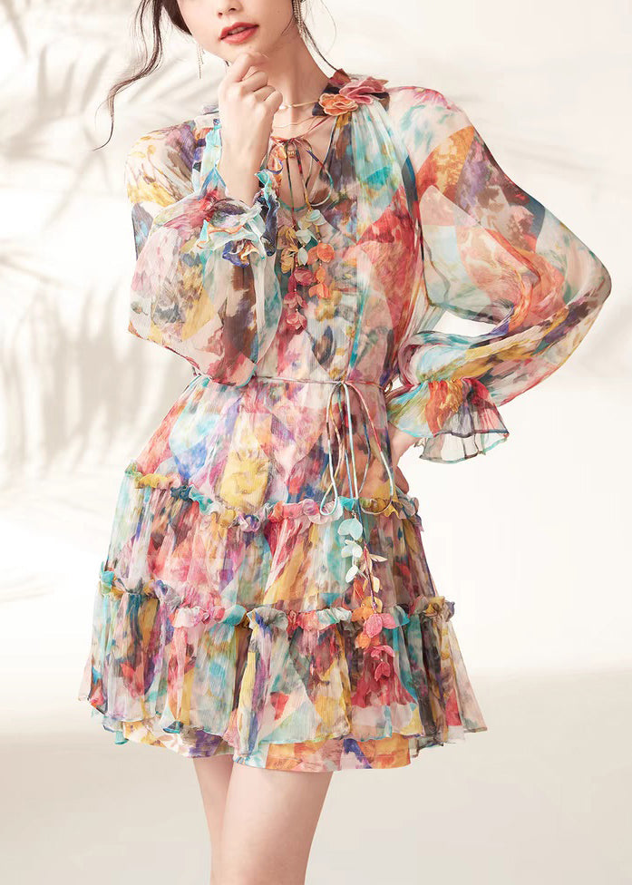 Rainbow Print Ruffled Lace Tie Mid Dresses Spring