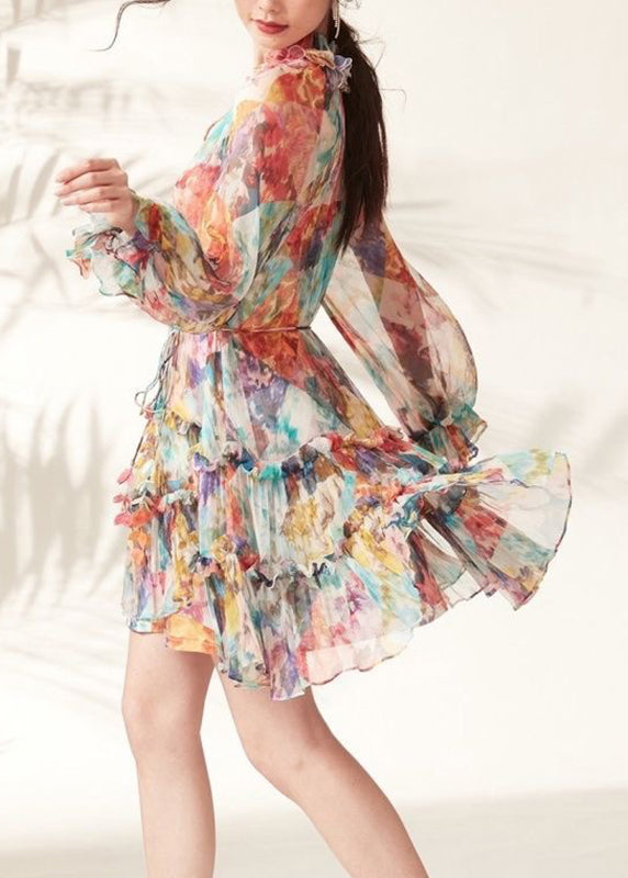 Rainbow Print Ruffled Lace Tie Mid Dresses Spring