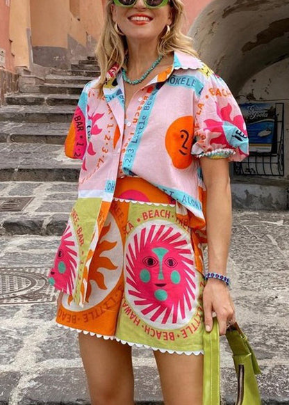 Rainbow Print Shirts and Shorts Two Piece Set Short Sleeve