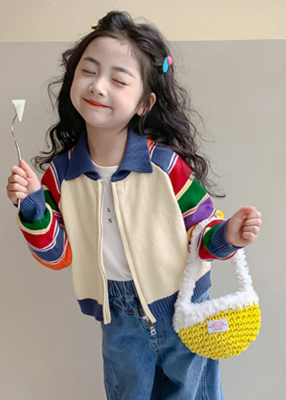 Rainbow Striped Peter Pan Collar Cotton Knit Kids Cardigan Spring