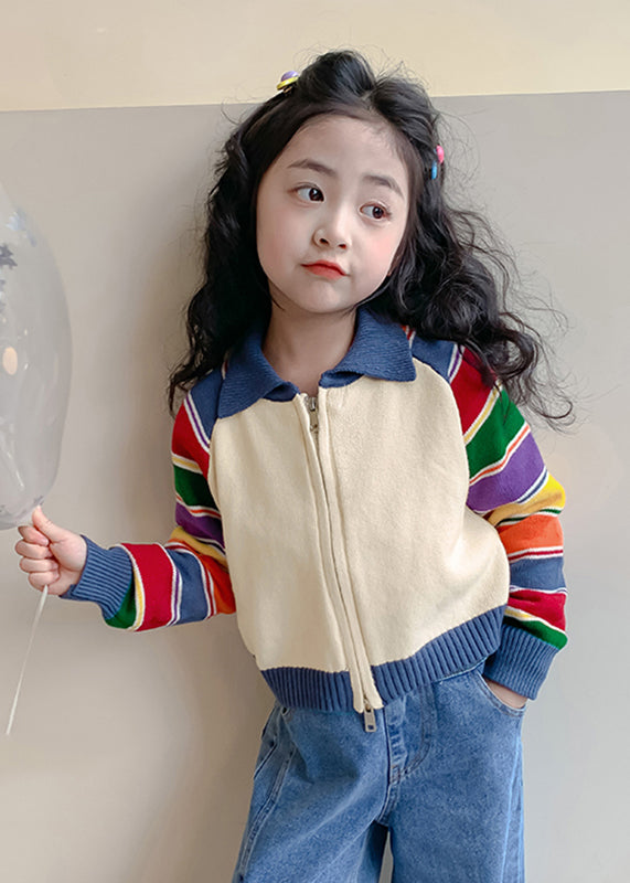 Rainbow Striped Peter Pan Collar Cotton Knit Kids Cardigan Spring
