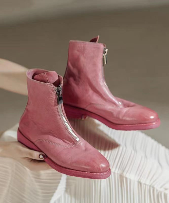 Red Boots Cowhide Leather Handmade Splicing Zippered