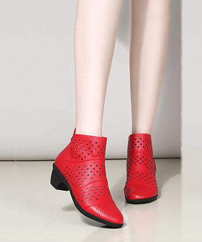 Red Chunky Cowhide Leather Hollow Out Splicing Boots