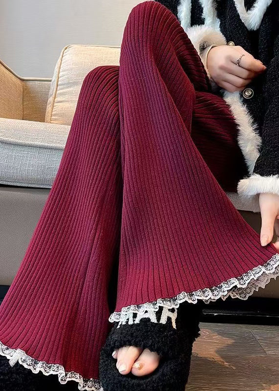 Red Drawstring Lace Patchwork Knit Flared Trousers Spring