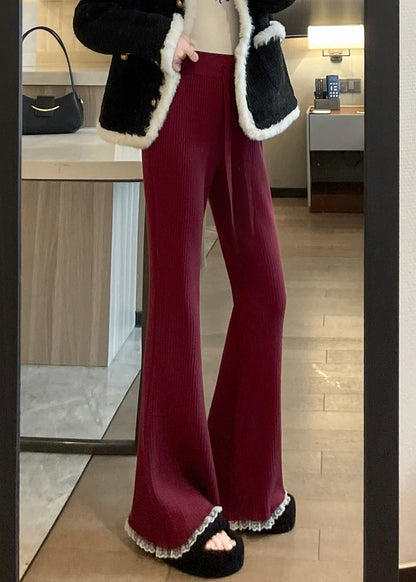 Red Drawstring Lace Patchwork Knit Flared Trousers Spring