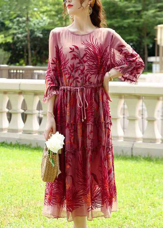 Red Embroideried Cinched Silk Dresses Bracelet Sleeve