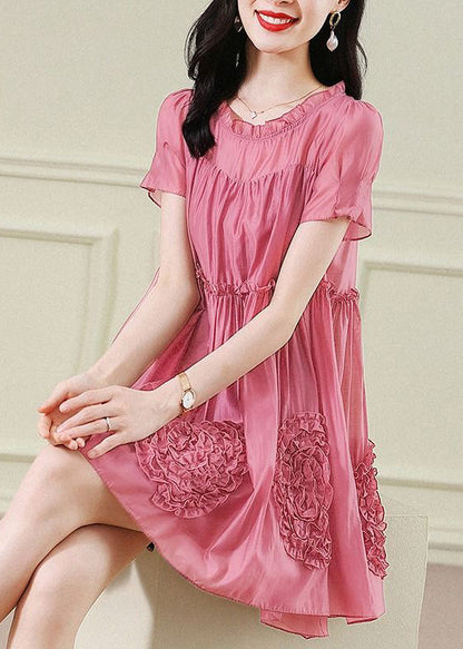 Red Ruffled Chiffon Mid Dresses Short Sleev