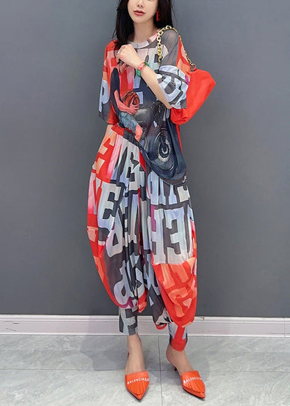 Red Graphic Print Chiffon Top and Lantern Pants Two Piece Set Short Sleeve