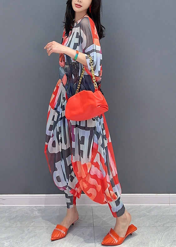 Red Graphic Print Chiffon Top and Lantern Pants Two Piece Set Short Sleeve