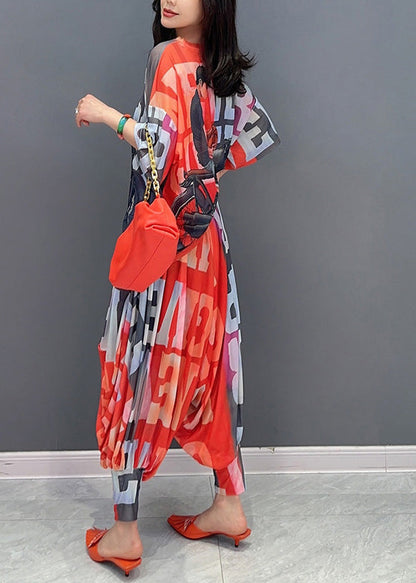 Red Graphic Print Chiffon Top and Lantern Pants Two Piece Set Short Sleeve