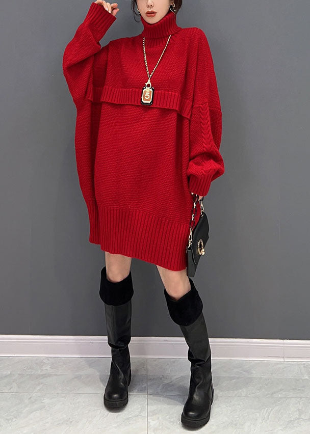 Red Hign Neck Oversized Thick Knit Sweaters Winter