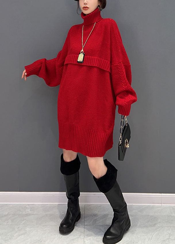 Red Hign Neck Oversized Thick Knit Sweaters Winter
