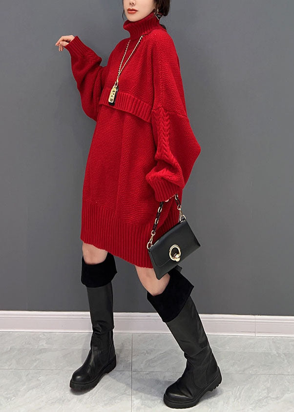 Red Hign Neck Oversized Thick Knit Sweaters Winter