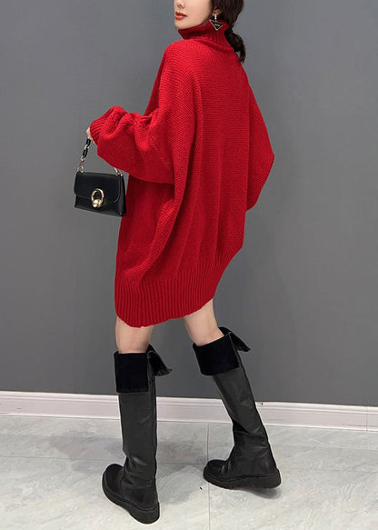 Red Hign Neck Oversized Thick Knit Sweaters Winter