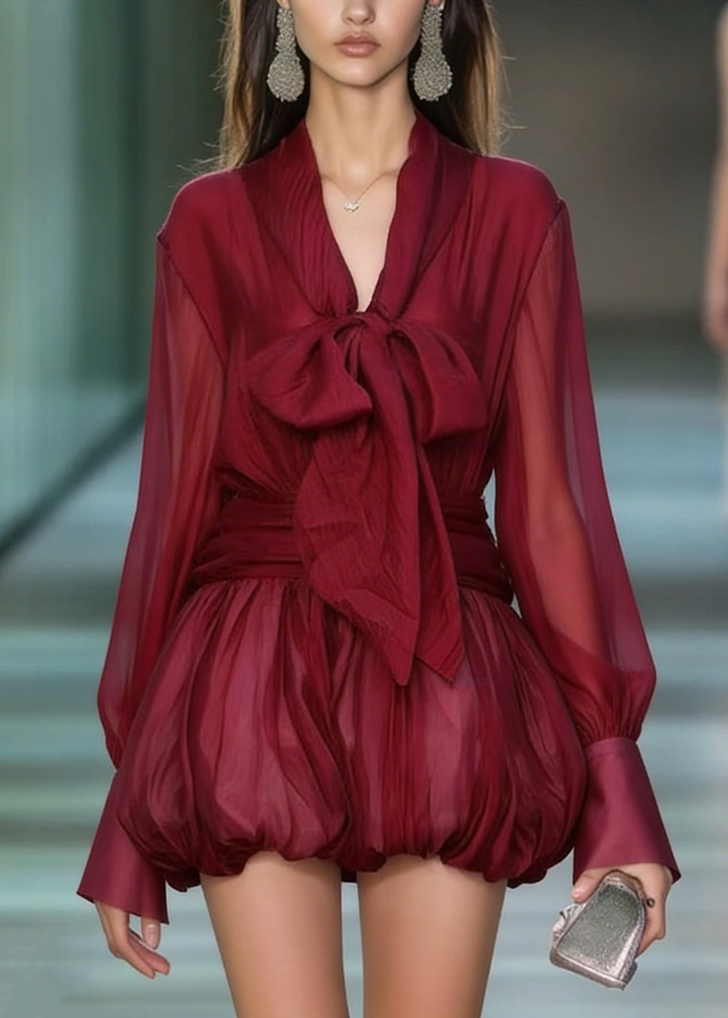 Red Lace Up Patchwork Chiffon Mini Dress Spring