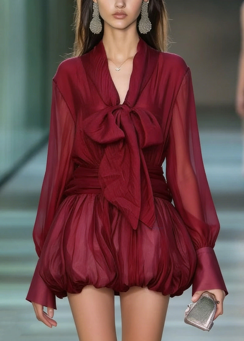 Red Lace Up Patchwork Chiffon Mini Dress Spring