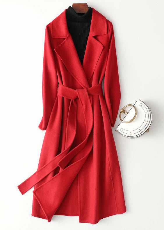 Red Notched Patchwork Woolen Long Coats Fall