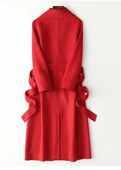 Red Notched Patchwork Woolen Long Coats Fall