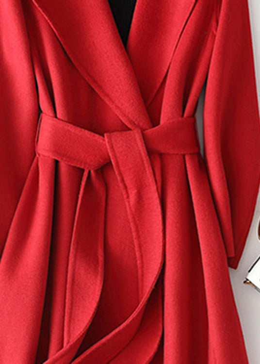Red Notched Patchwork Woolen Long Coats Fall