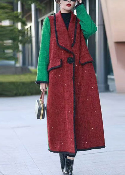 Red Notched Pockets Patchwork Woolen Long Coats Winter