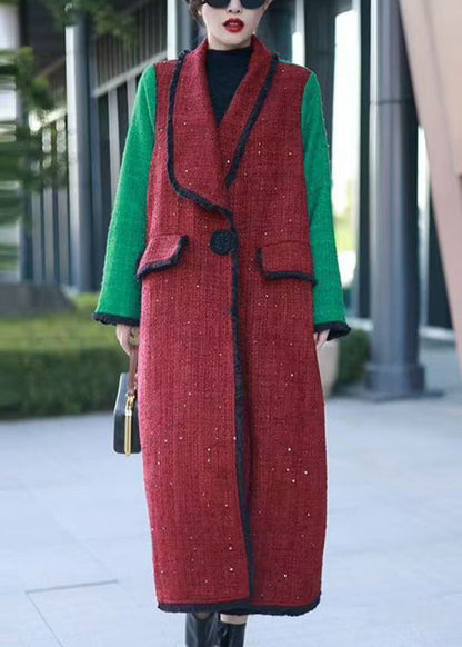Red Notched Pockets Patchwork Woolen Long Coats Winter