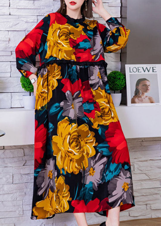 Red O-neck Cinched Print Silk Beach Dresses Spring