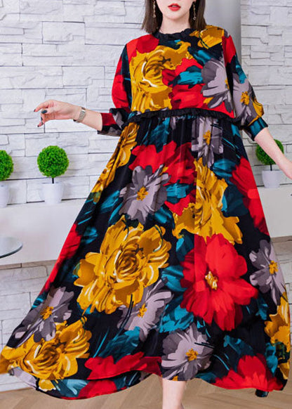 Red O-neck Cinched Print Silk Beach Dresses Spring