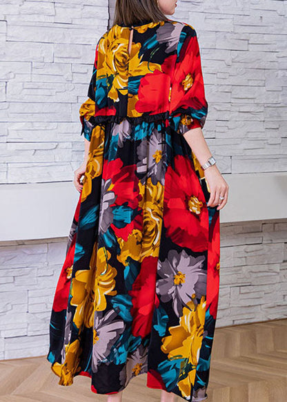 Red O-neck Cinched Print Silk Beach Dresses Spring
