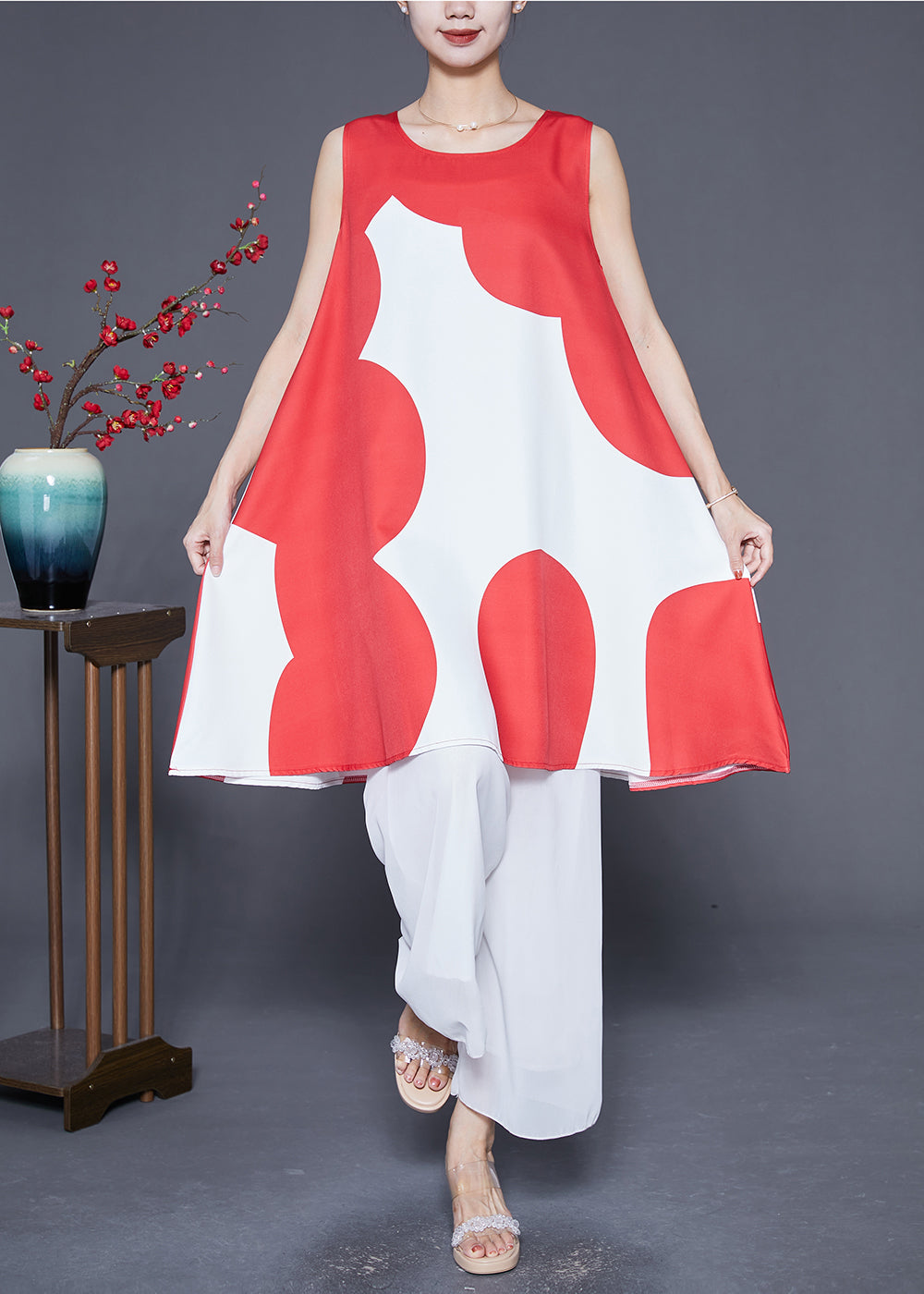 Red O-neck Print Satin a Line Dress Summer