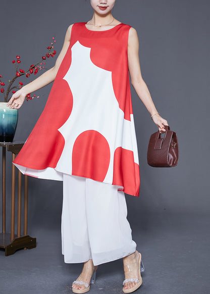 Red O-neck Print Satin a Line Dress Summer