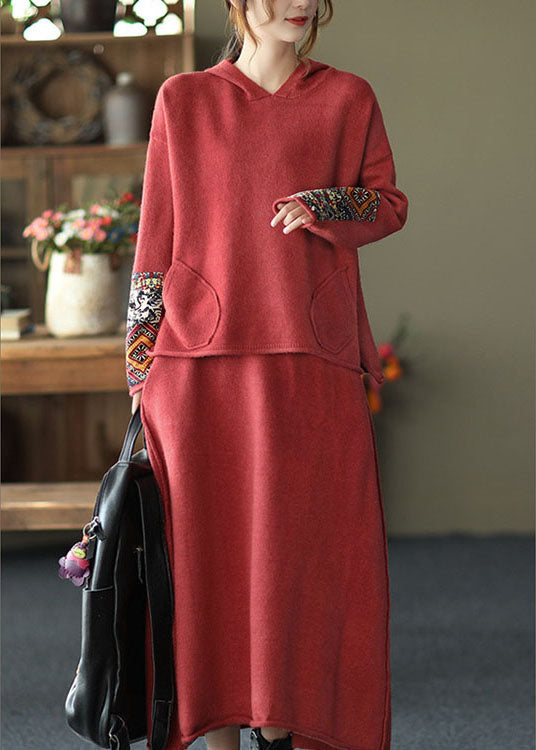 Red Oriental Hooded Knit Fall Two Pieces Set